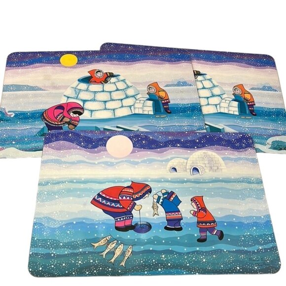 Vintage Eleanor & Tony Paine Inuit Art Cork Back Colourful Placemats Set of 3 - Picture 1 of 8